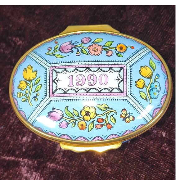 Halcyon Days Enamels 1990 A Year to Remember Enamel Trinket Box Blue Floral - Picture 2 of 9